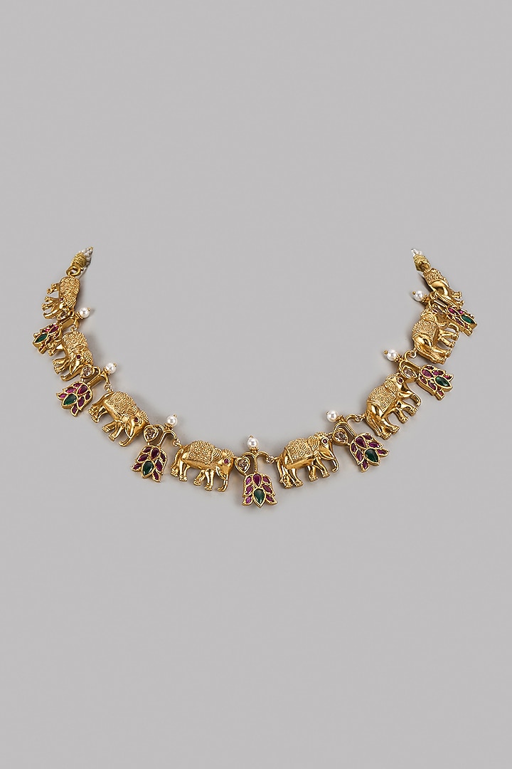 Gold Finish Pink Kemp Stone & Kundan Polki Temple Necklace by RNG at Pernia's Pop Up Shop