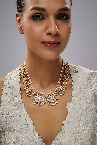 Gold Finish Pink Kemp Stone & Kundan Polki Temple Necklace by RNG