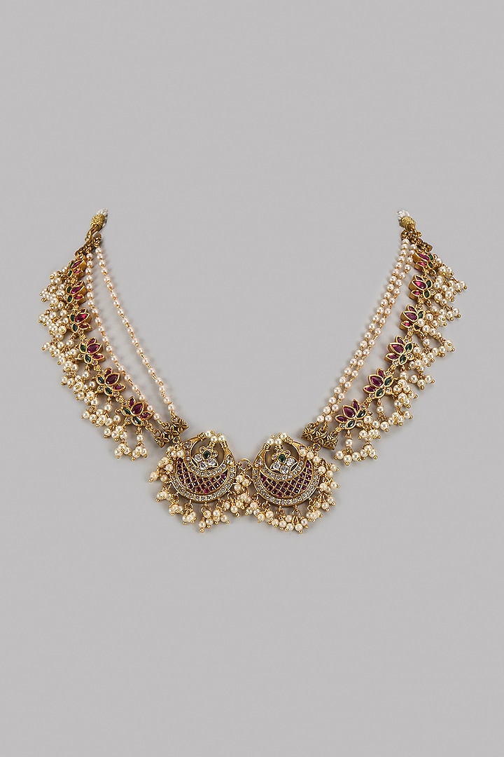 Gold Finish Pink Kemp Stone & Kundan Polki Temple Necklace by RNG at Pernia's Pop Up Shop
