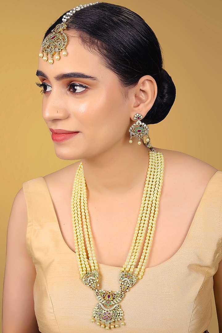 Gold Finish Kundan Polki & Pearl String Necklace Set by RNG at Pernia's Pop Up Shop