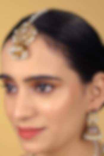 Gold Finish Kundan Polki & Pearl Drop Jhumka Earrings With Maangtikka by RNG at Pernia's Pop Up Shop