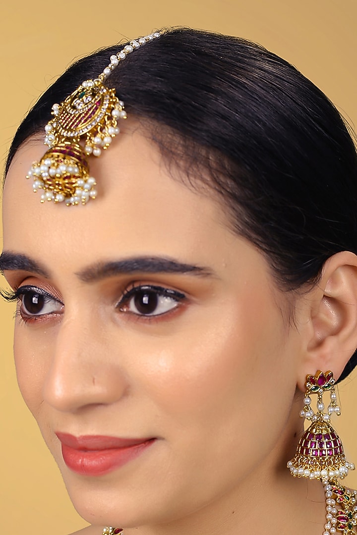 Gold Finish Kundan Polki & Pearl Drop Jhumka Earrings With Maangtikka by RNG at Pernia's Pop Up Shop