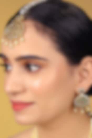 Gold Finish Kundan Polki & Multi-Colored Stone Dangler Earrings With Maangtikka by RNG at Pernia's Pop Up Shop