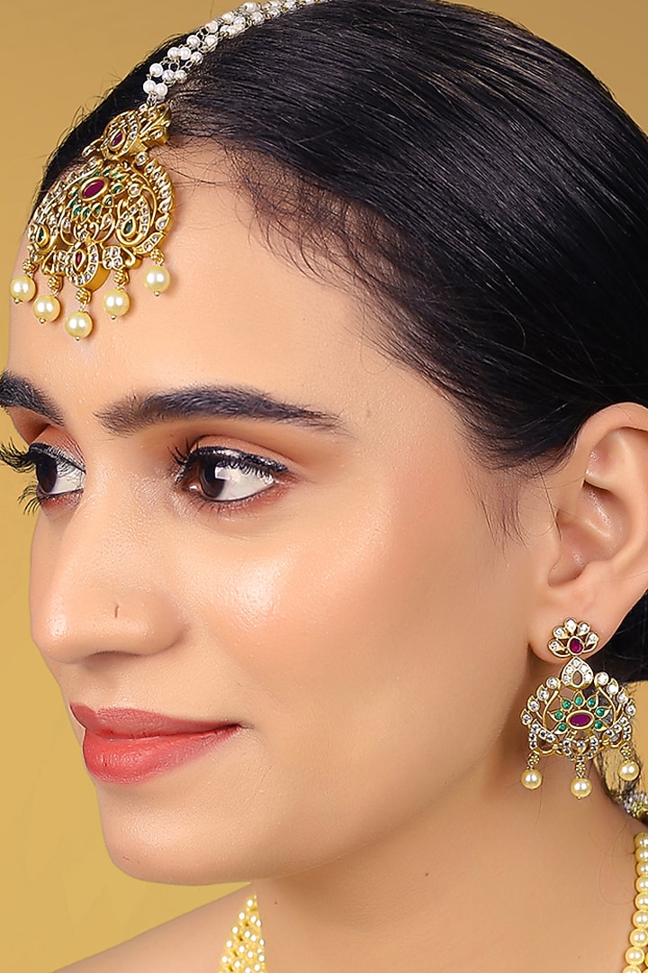 Gold Finish Kundan Polki & Multi-Colored Stone Dangler Earrings With Maangtikka by RNG at Pernia's Pop Up Shop
