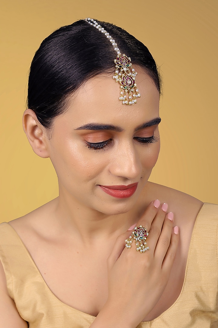 Gold Finish Kundan Polki & Pearl Maangtikka With Ring by RNG at Pernia's Pop Up Shop