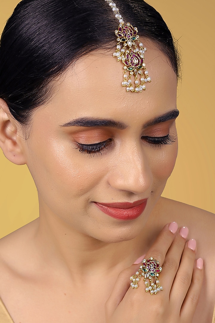 Gold Finish Kundan Polki & Pearl Maangtikka With Ring by RNG at Pernia's Pop Up Shop