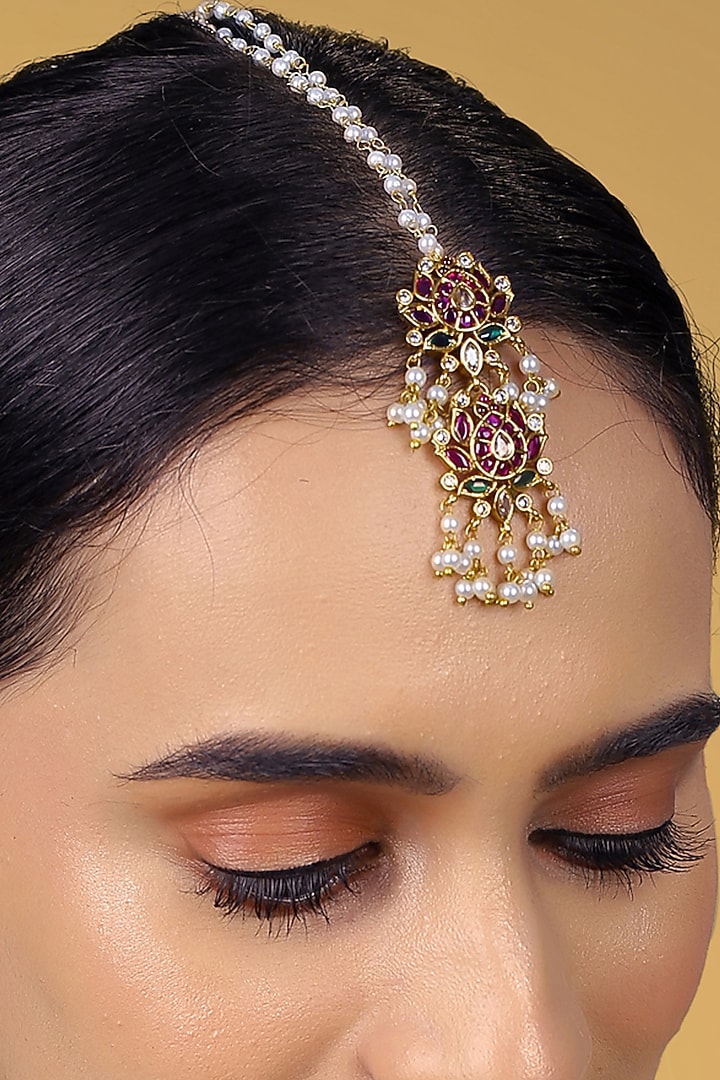 Gold Finish Kundan Polki & Pearl Maangtikka With Ring by RNG at Pernia's Pop Up Shop