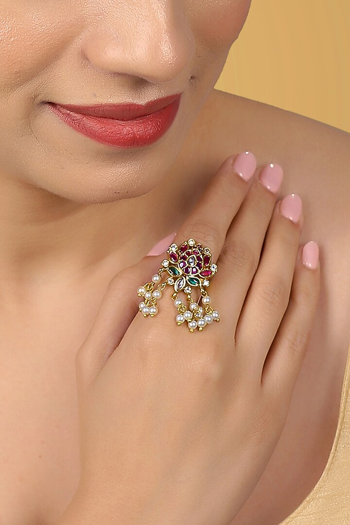 Gold Finish Kundan Polki & Pearl Maangtikka With Ring by RNG at Pernia's Pop Up Shop