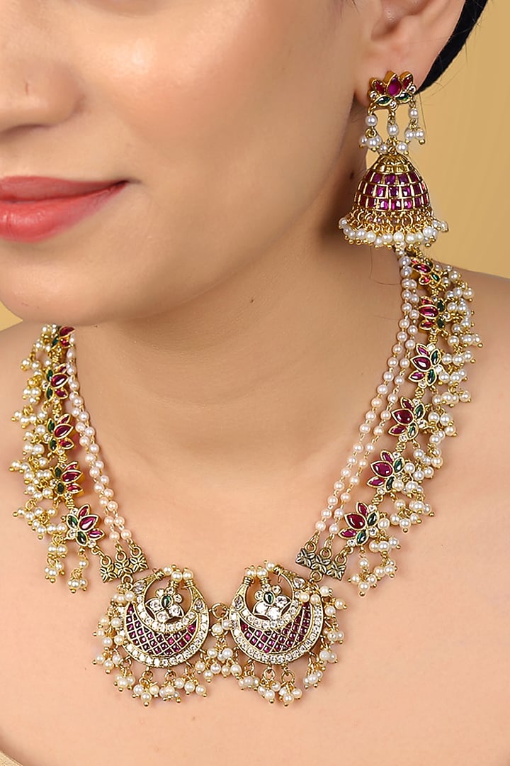 Gold Finish Kundan Polki & Kemp Stone Necklace Set by RNG at Pernia's Pop Up Shop