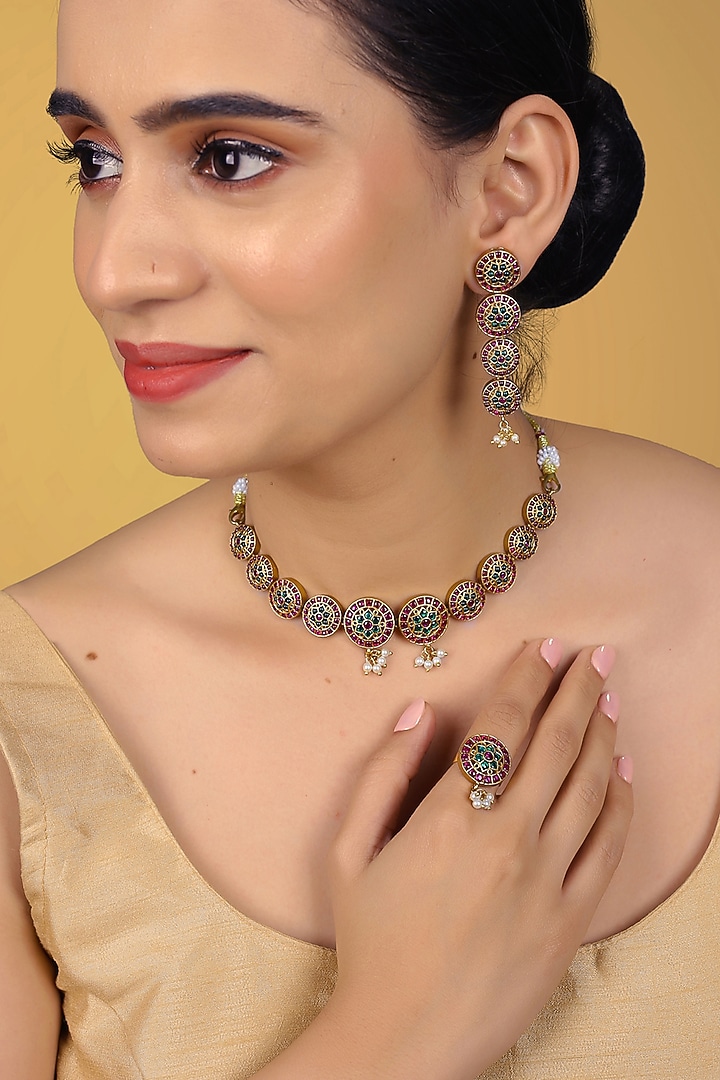 Gold Finish Kundan Polki & Kemp Stone Necklace Set by RNG at Pernia's Pop Up Shop