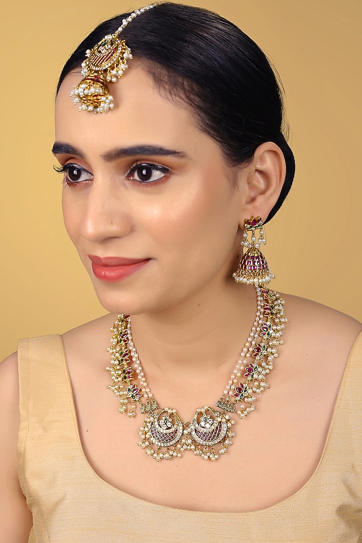 Gold Finish Kundan Polki & Kemp Stone Necklace Set by RNG at Pernia's Pop Up Shop