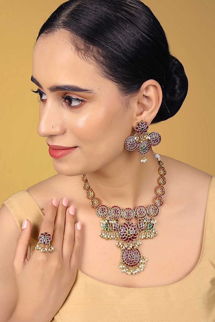 Gold Finish Kundan Polki & Kemp Stone Necklace Set by RNG at Pernia's Pop Up Shop