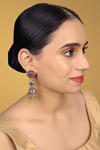 Gold Finish Kundan Polki & Kemp Stone Jhumka Earrings by RNG