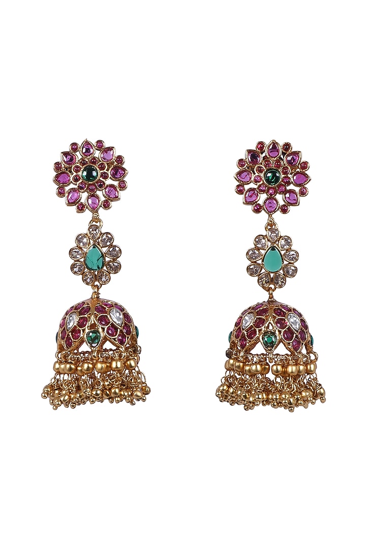 Gold Finish Kundan Polki & Kemp Stone Jhumka Earrings by RNG at Pernia's Pop Up Shop