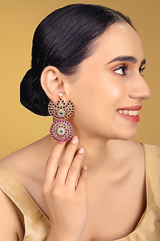Gold Finish Kundan Polki & Kemp Stone Dangler Earrings by RNG