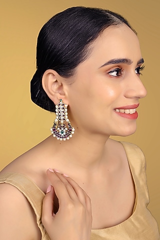 Gold Finish Kundan Polki & Kemp Stone Dangler Earrings by RNG