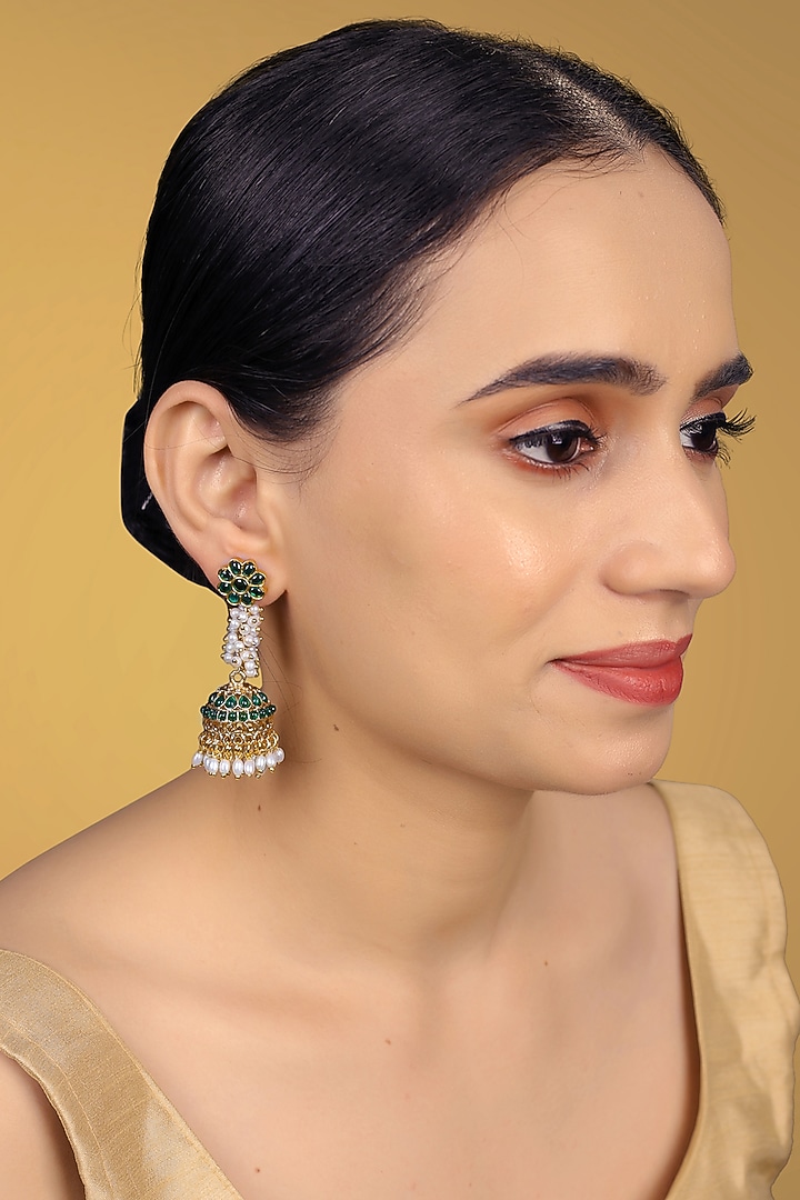 Gold Finish Kundan Polki & Kemp Stone Jhumka Earrings by RNG at Pernia's Pop Up Shop