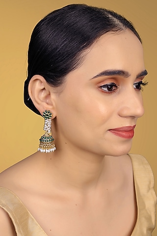 Gold Finish Kundan Polki & Kemp Stone Jhumka Earrings by RNG