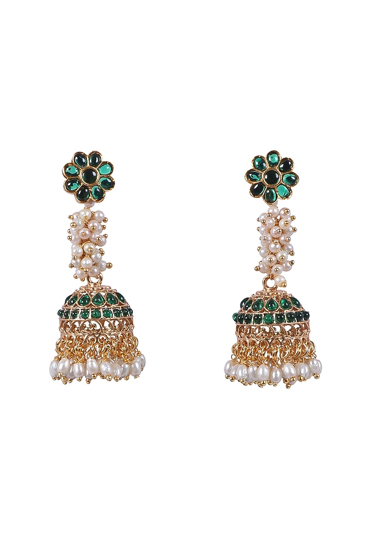 Gold Finish Kundan Polki & Kemp Stone Jhumka Earrings by RNG at Pernia's Pop Up Shop