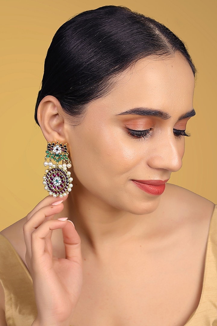 Gold Finish Kundan Polki & Kemp Stone Dangler Earrings by RNG at Pernia's Pop Up Shop