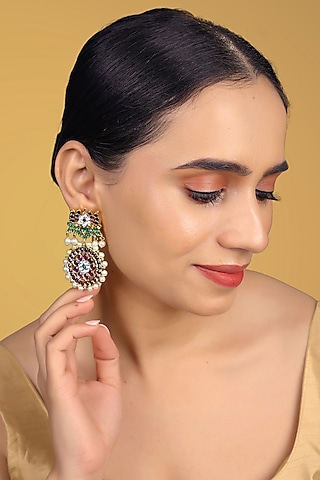 Gold Finish Kundan Polki & Kemp Stone Dangler Earrings by RNG
