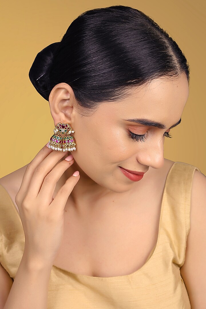 Gold Finish Kundan Polki & Kemp Stone Jhumka Earrings by RNG at Pernia's Pop Up Shop