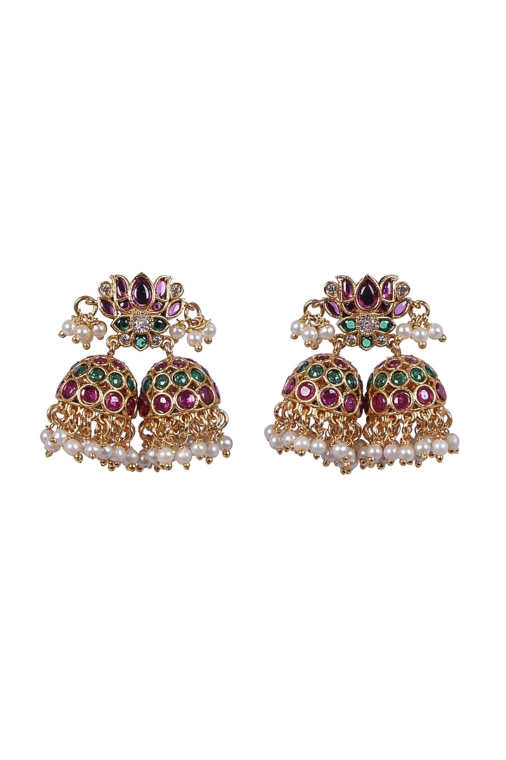 Gold Finish Kundan Polki & Kemp Stone Jhumka Earrings by RNG at Pernia's Pop Up Shop