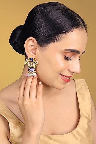 Gold Finish Kundan Polki & Kemp Stone Jhumka Earrings by RNG