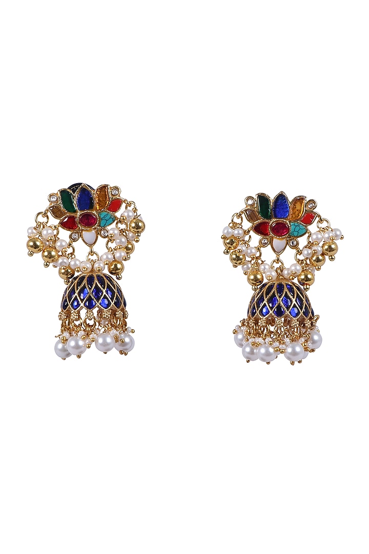 Gold Finish Kundan Polki & Kemp Stone Jhumka Earrings by RNG at Pernia's Pop Up Shop