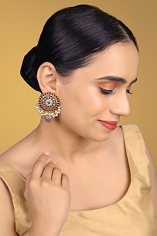 Gold Finish Kundan Polki & Kemp Stone Dangler Earrings by RNG
