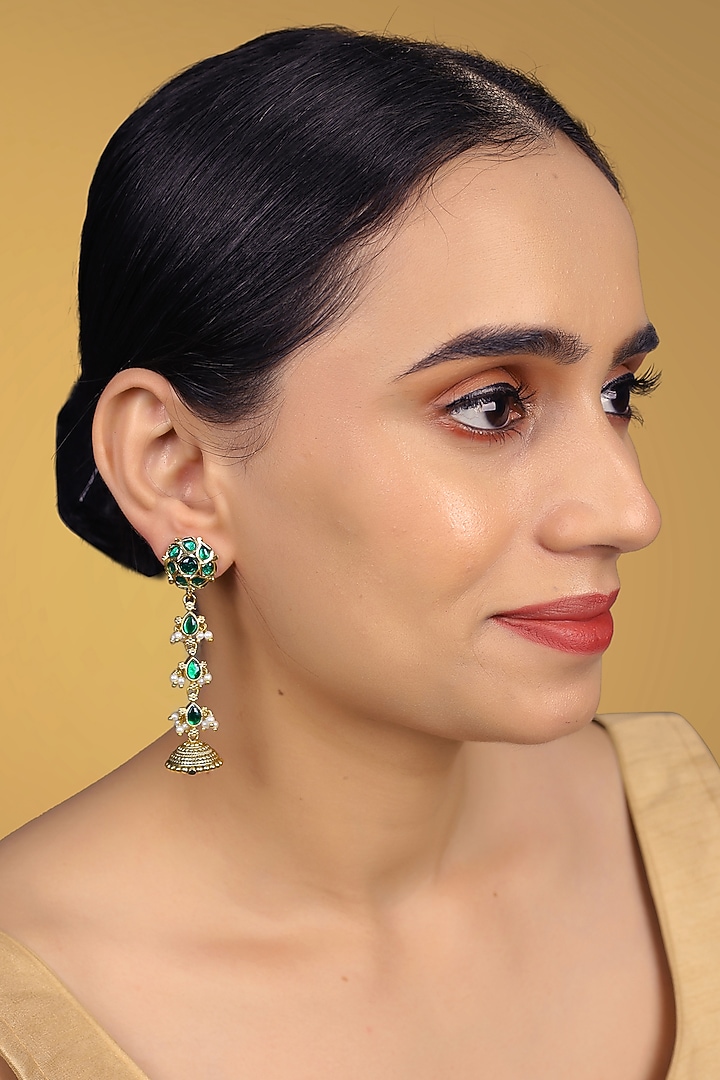 Gold Finish Kundan Polki & Kemp Stone Dangler Earrings by RNG at Pernia's Pop Up Shop