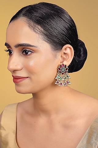 Gold Finish Kundan Polki & Green Stone Jhumka Earrings by RNG