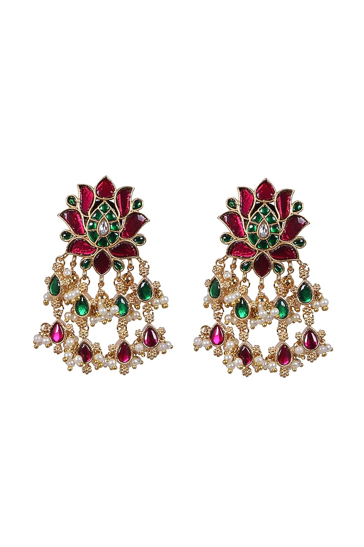 Gold Finish Kundan Polki & Green Stone Jhumka Earrings by RNG at Pernia's Pop Up Shop