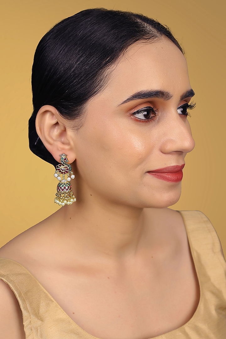 Gold Finish Kundan Polki & Kemp Stone Dangler Earrings by RNG at Pernia's Pop Up Shop