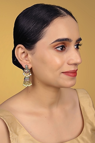 Gold Finish Kundan Polki & Kemp Stone Dangler Earrings by RNG