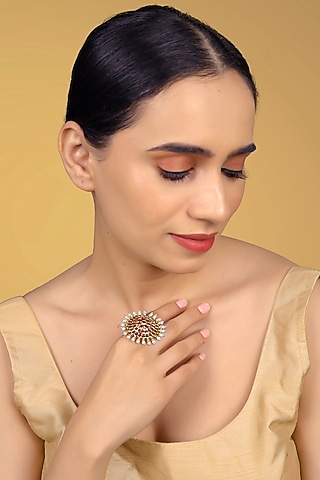 Gold Finish Kundan Polki & Kemp Stone Ring by RNG
