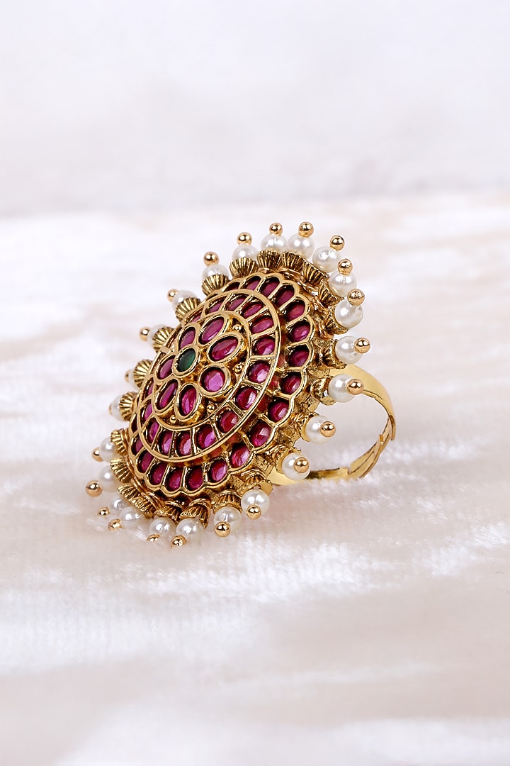 Gold Finish Kundan Polki & Kemp Stone Ring by RNG at Pernia's Pop Up Shop