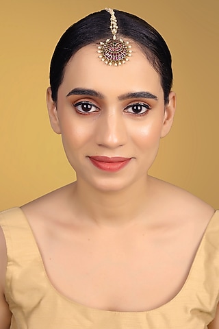 Gold Finish Kundan Polki & Kemp Stone Maangtikka by RNG