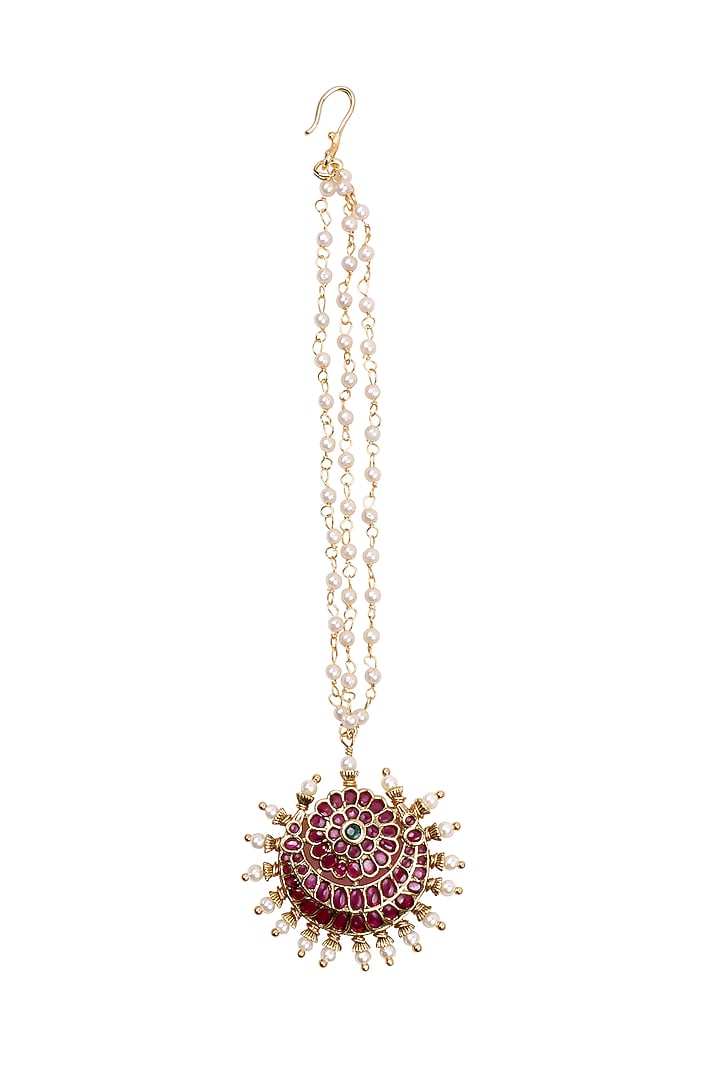 Gold Finish Kundan Polki & Kemp Stone Maangtikka by RNG at Pernia's Pop Up Shop