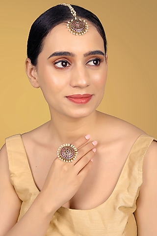 Gold Finish Kundan Polki & Kemp Stone Maangtikka Set by RNG