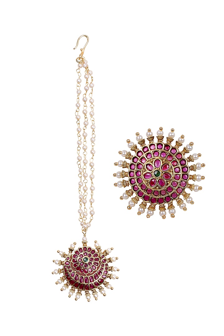 Gold Finish Kundan Polki & Kemp Stone Maangtikka Set by RNG at Pernia's Pop Up Shop