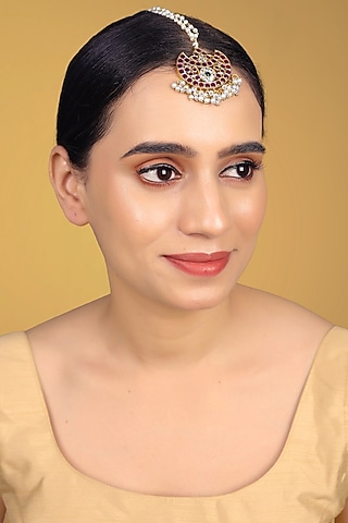 Gold Finish Kundan Polki & Kemp Stone Maangtikka by RNG