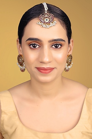 Gold Finish Kundan Polki & Kemp Stone Stud Earrings Set by RNG