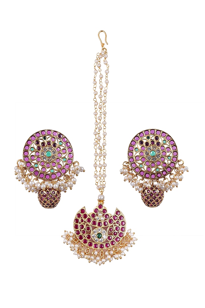 Gold Finish Kundan Polki & Kemp Stone Stud Earrings Set by RNG at Pernia's Pop Up Shop