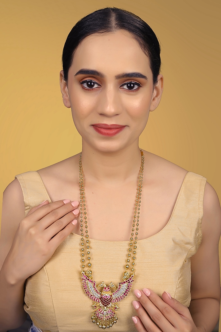 Gold Finish Kundan Polki & Kemp Stone Long Pendant Necklace by RNG at Pernia's Pop Up Shop