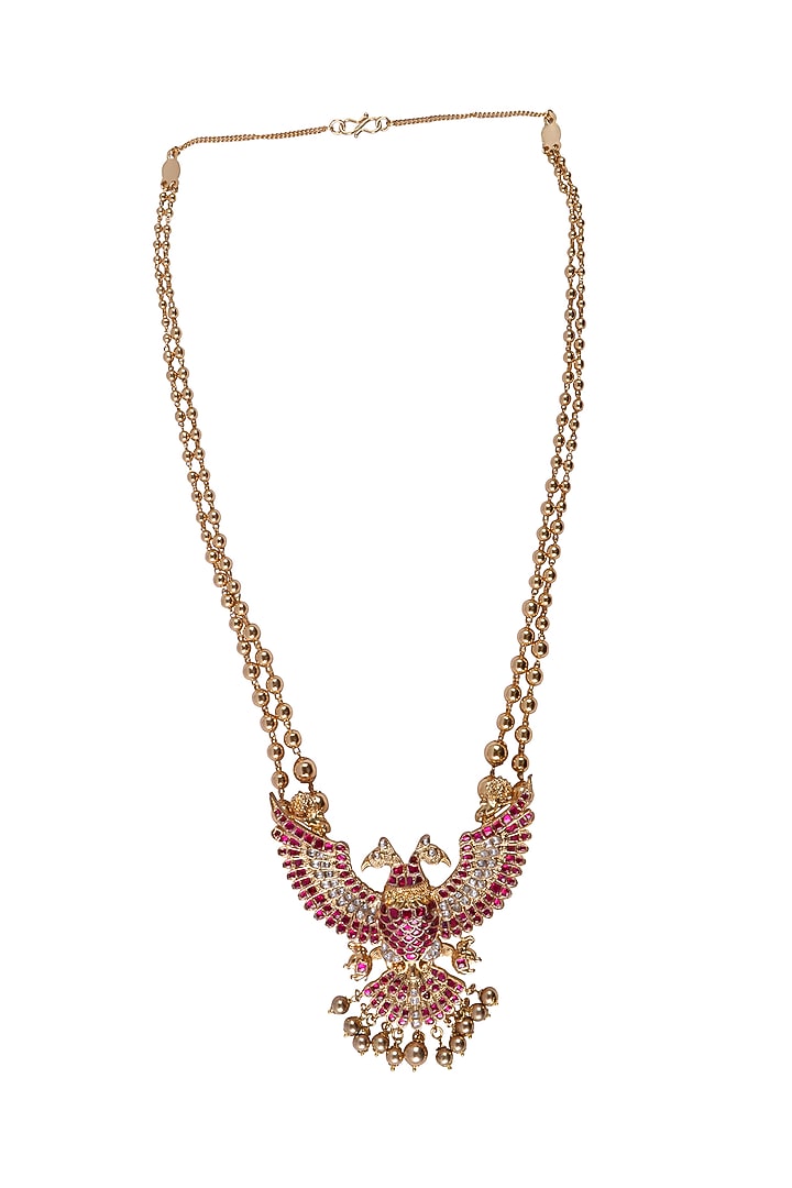 Gold Finish Kundan Polki & Kemp Stone Long Pendant Necklace by RNG at Pernia's Pop Up Shop
