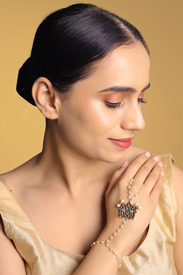 Gold Finish Kundan Polki & Kemp Stone Hand Harness by RNG at Pernia's Pop Up Shop