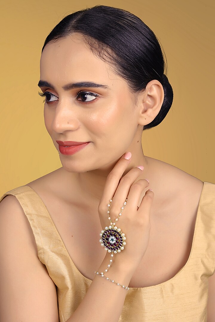 Gold Finish Kundan Polki & Kemp Stone Hand Harness by RNG at Pernia's Pop Up Shop