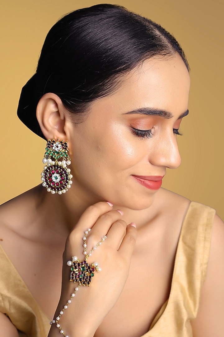 Gold Finish Kundan Polki & Kemp Stone Dangler Earrings Set by RNG at Pernia's Pop Up Shop