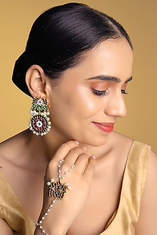 Gold Finish Kundan Polki & Kemp Stone Dangler Earrings Set by RNG
